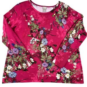 Chicos Floral Knit Sweater Pink Magenta Button Cuff Pullover Size 2 Large Spring